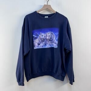 COPY - Vintage White Tiger Crewneck Pullover Fleece Sweatshirt Navy Blue Unisex…